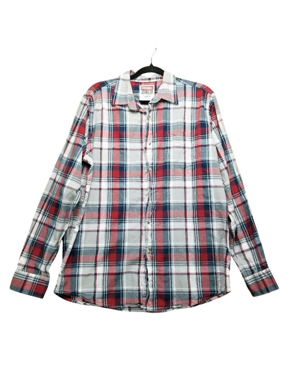 Wrangler Shirt Mens Large Blue Red Plaid Button Up Lightweight Woven Long Sleeve